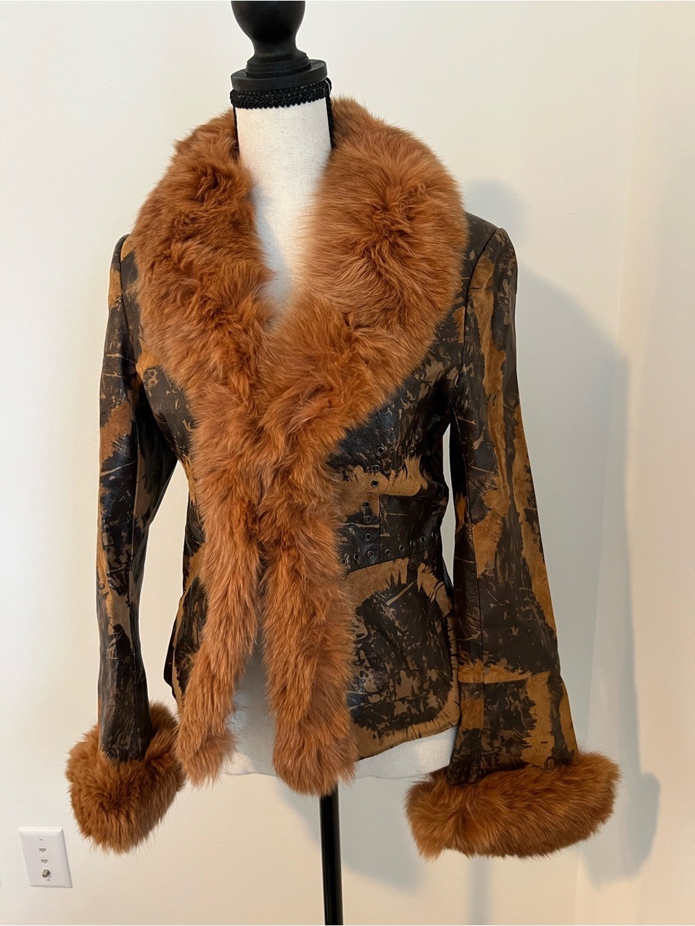 Vintage Real Fox Fur Collar Brown Black Leather Jacket with Fur Collar S Y2K